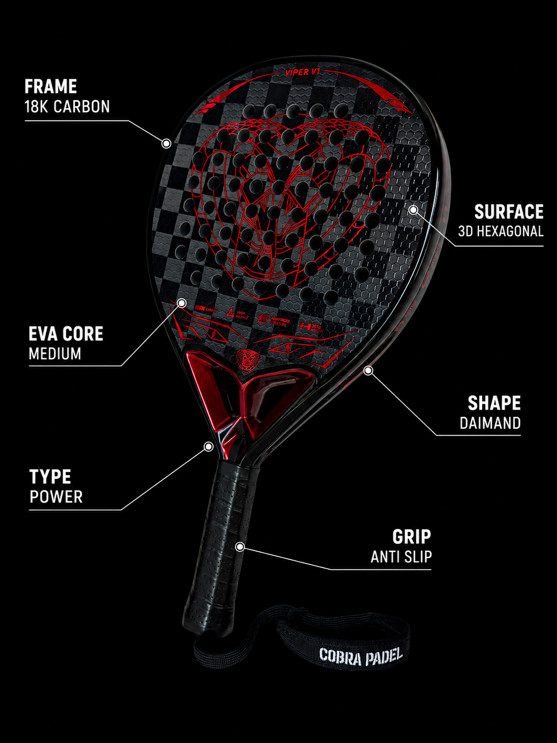 Cobra Padel Viper V1 Red 18K product features
