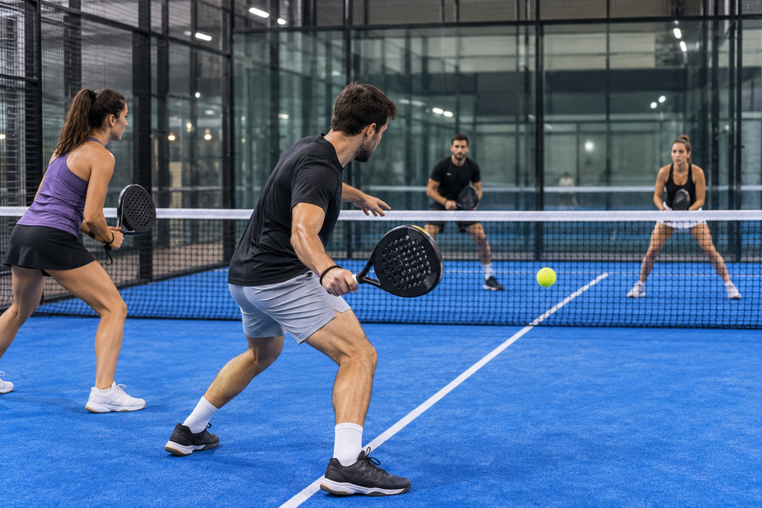 Four padel players during a doubles rally as one pair prepares a controlled shot in a balanced formation