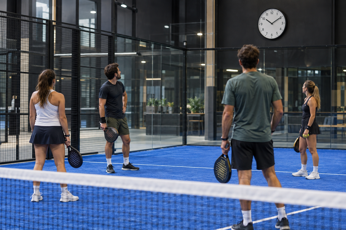 Four padel players looking at a court clock between points during a doubles match