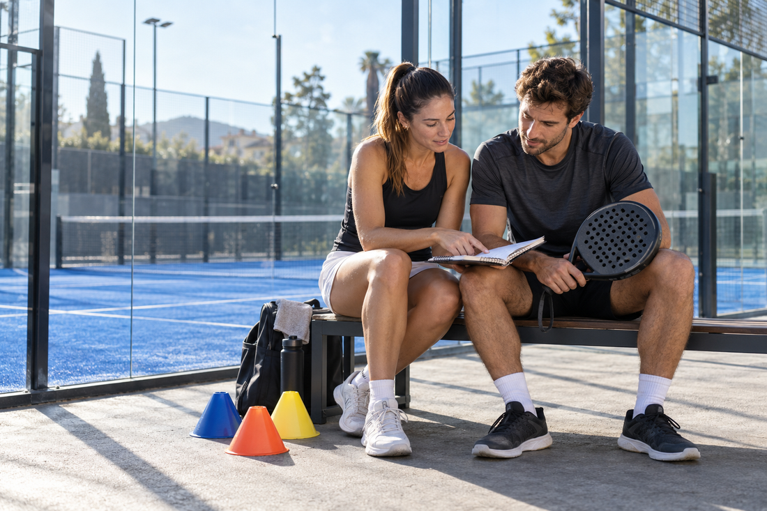 Two padel players planning a weekly training session beside a blue glass court