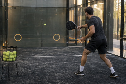 Padel player practising alone against the back glass with a ball basket and targets