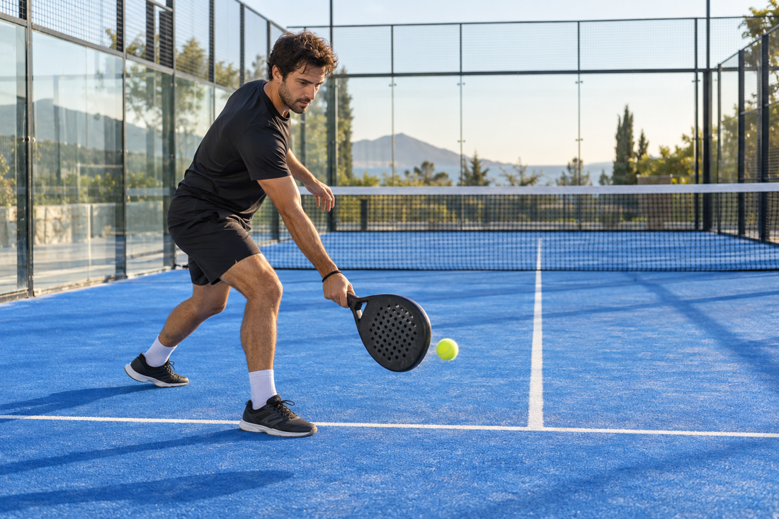 Padel player serving diagonally from behind the service line on a glass court