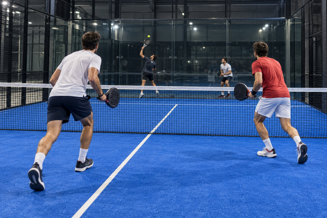 Two padel partners moving forward together as the opposing pair retreats toward the back glass