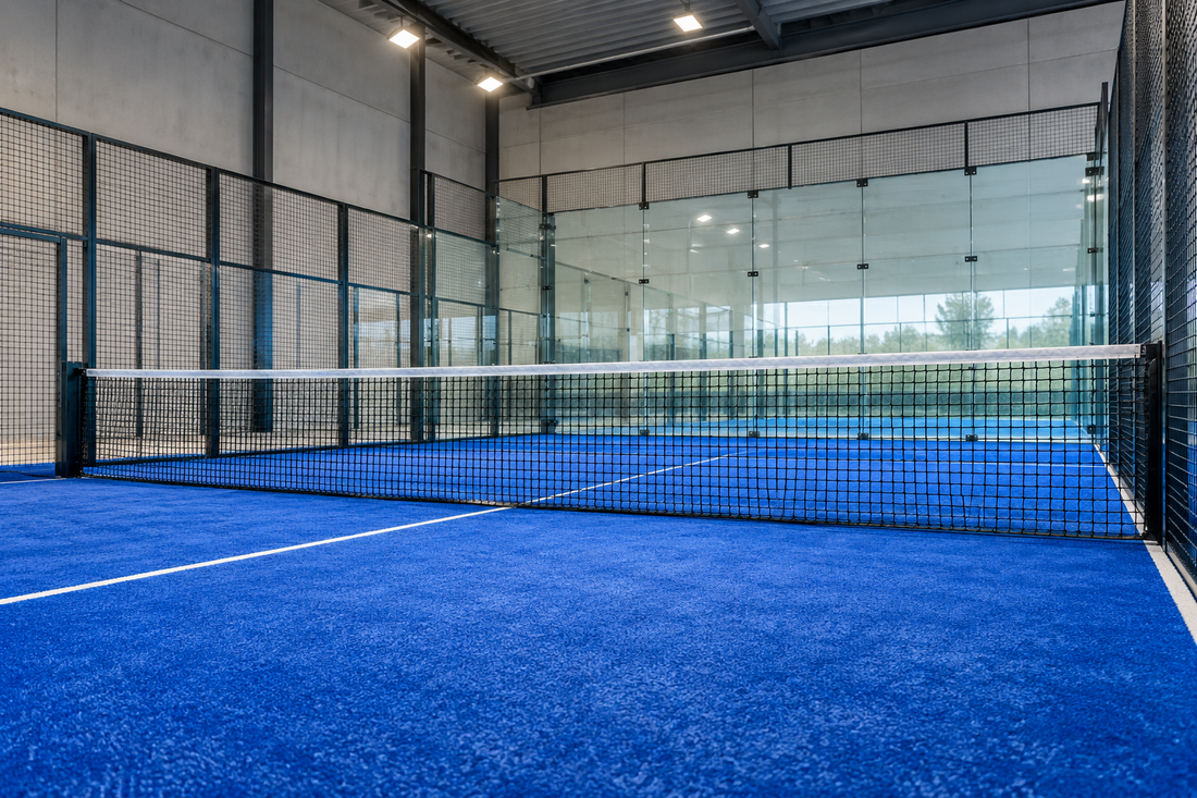 Empty indoor padel court showing the central net, glass walls and metal mesh enclosure