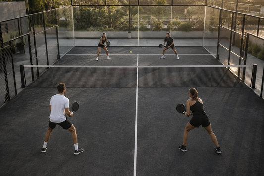 Two padel pairs moving together in defensive and net positions on a glass court