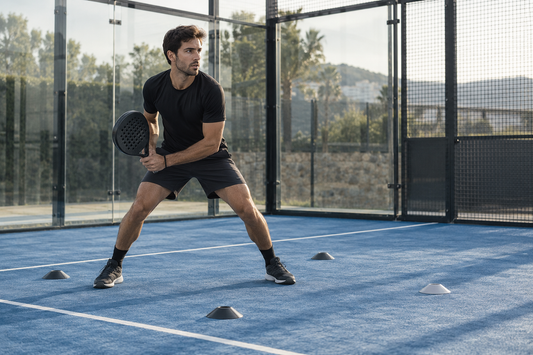 Padel player practising a balanced split step between court markers