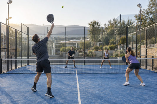 Padel player following through on a high lob while three doubles players track the ball