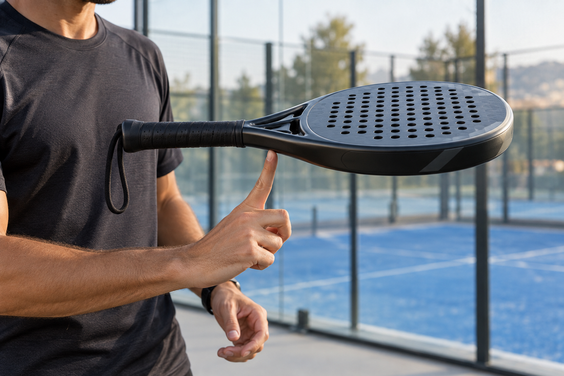 Padel player balancing a perforated racket on one finger to find its balance point