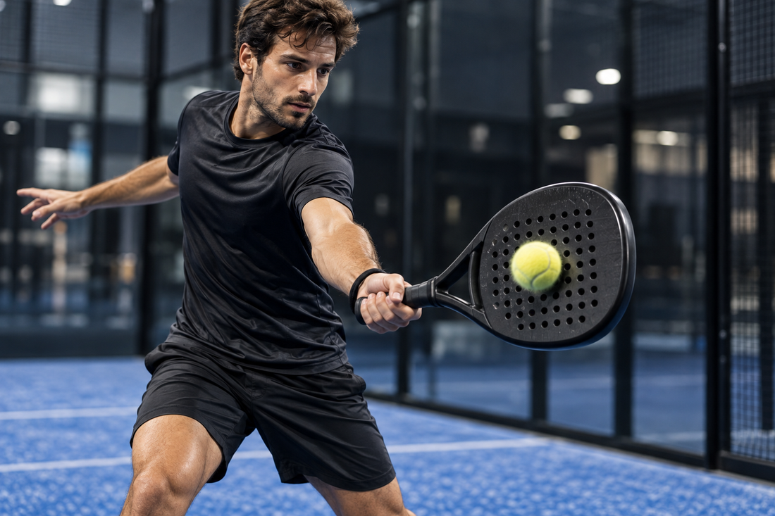 Padel player striking a ball near the central area of a perforated racket face