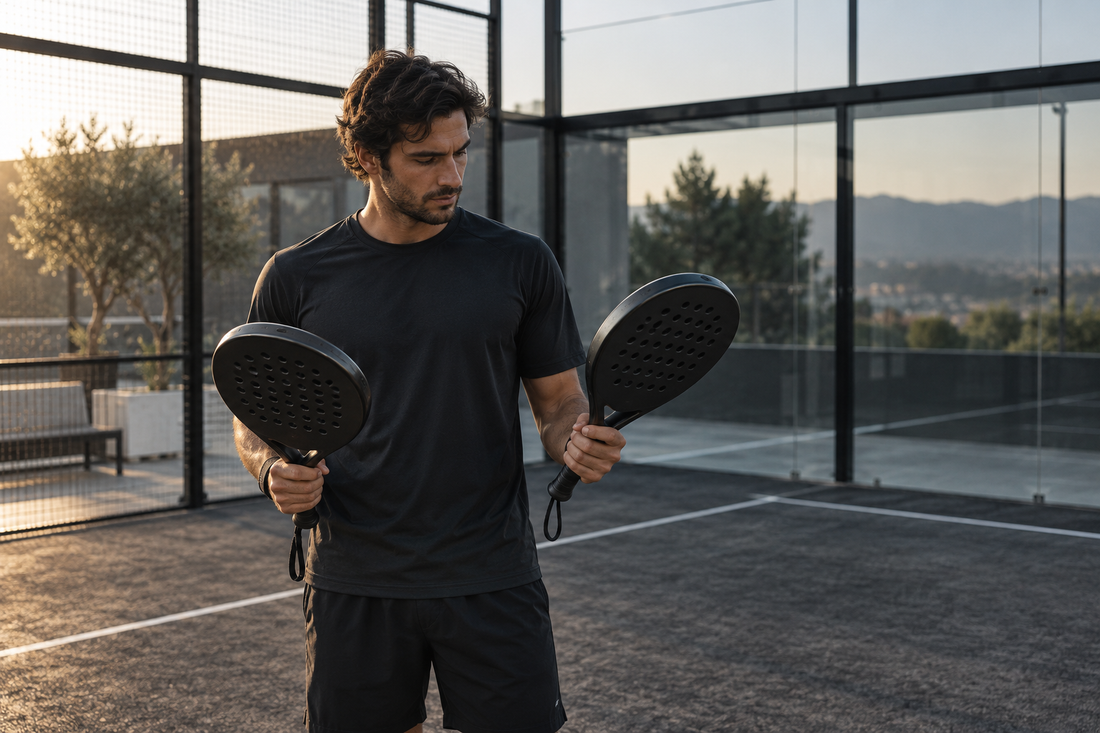Player comparing two padel rackets to assess weight and balance