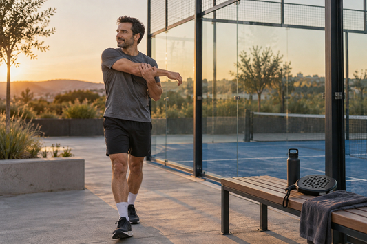 Padel player cooling down with a gentle shoulder stretch beside a glass court at sunset