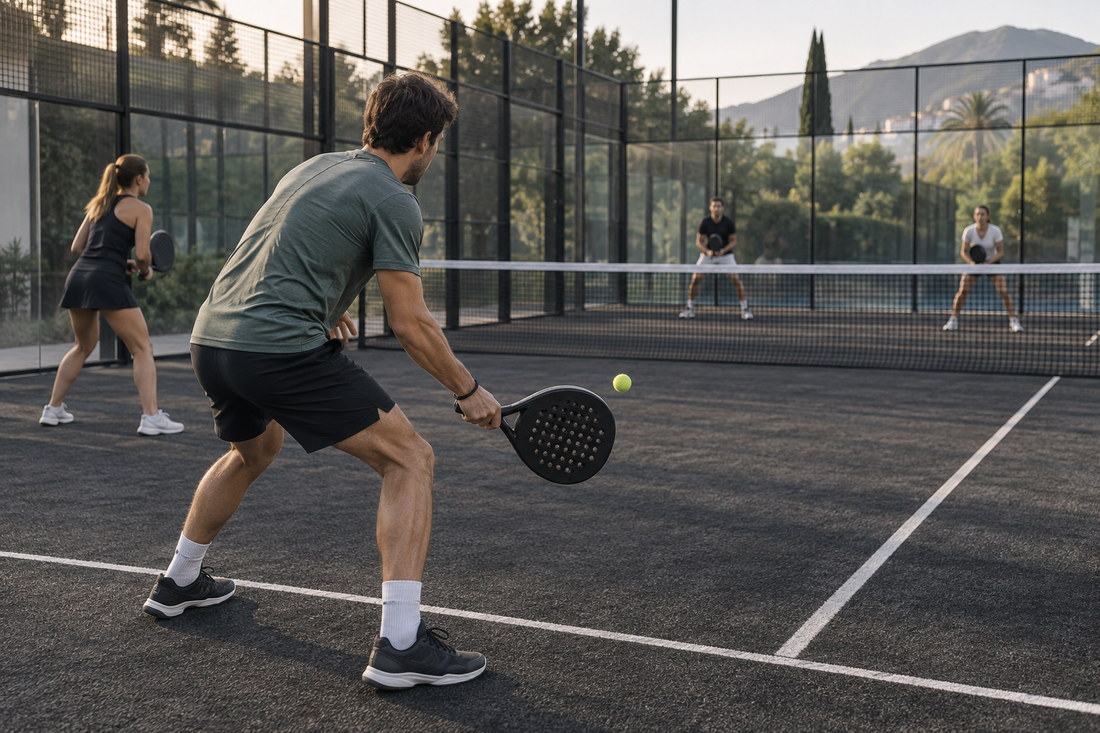 Padel player making a compact return of serve after the bounce