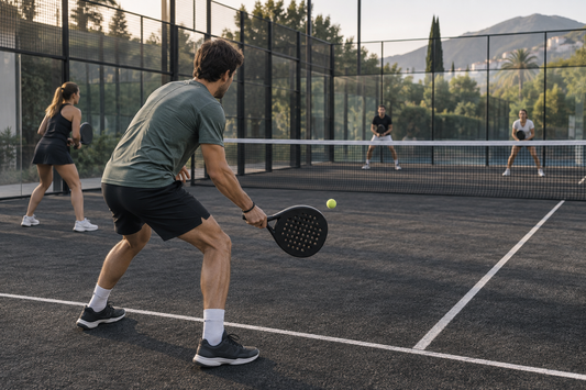 Padel player making a compact return of serve after the bounce