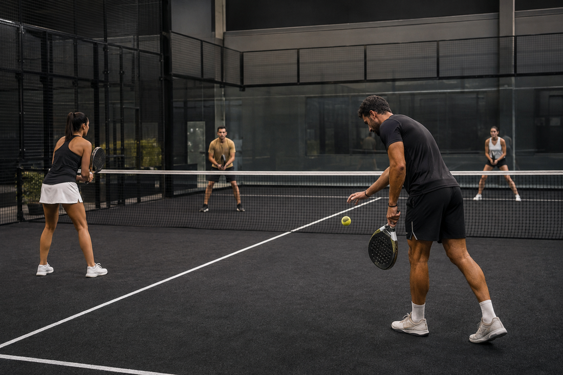 Four padel players preparing for an underhand serve on a glass court