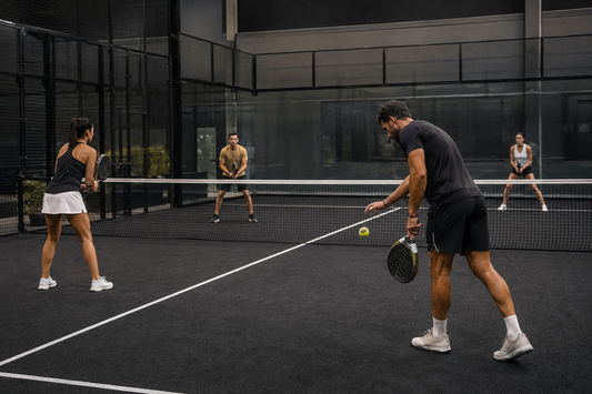 Four padel players preparing for an underhand serve on a glass court