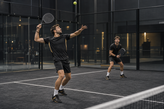 Padel player preparing a controlled overhead shot while a partner holds position