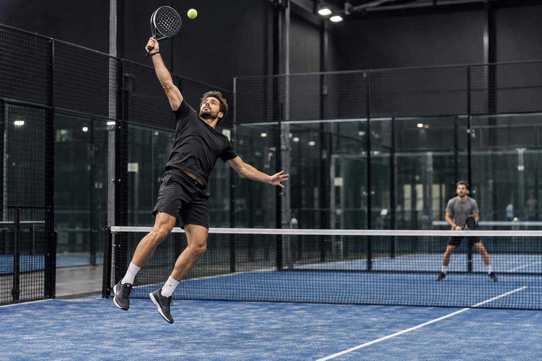 Padel player reaching high to hit an overhead smash on an indoor court