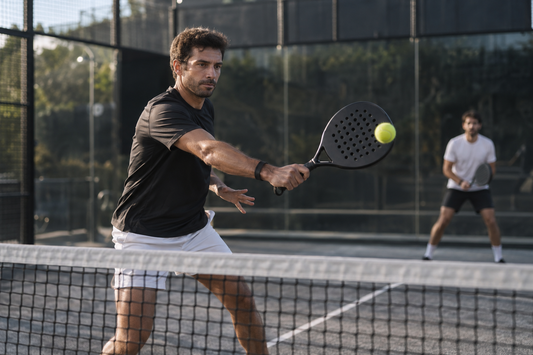 Padel player making a compact forehand volley at the net during doubles practice