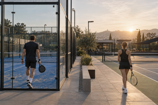 Padel player with a solid racket beside a tennis player with a strung racket at adjoining courts