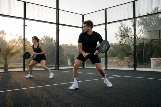 Two padel players performing lateral warm-up movements before a match