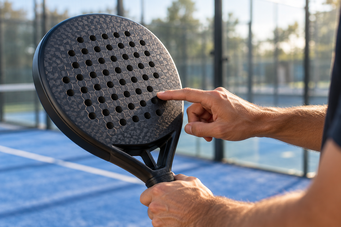Close-up of a player examining the hexagonal textured surface of a padel racket on court