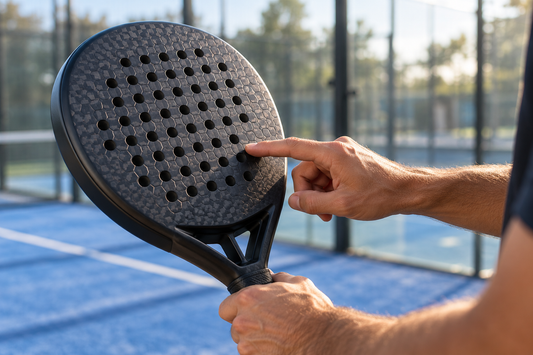 Close-up of a player examining the hexagonal textured surface of a padel racket on court