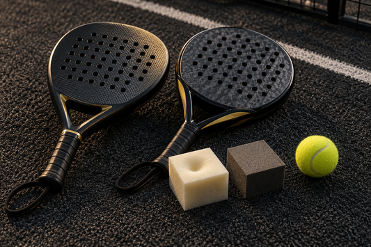 Two unbranded padel rackets beside soft and firm foam core samples on a dark court