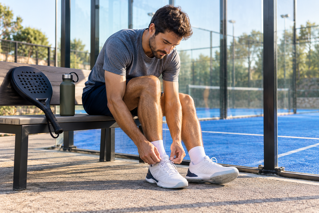 Padel player tying court shoes beside a racket and water bottle before a first match