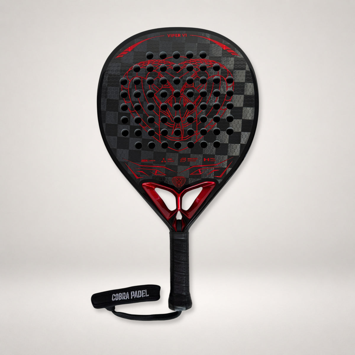 Front view of Cobra Padel Viper V1 Red 18K racket